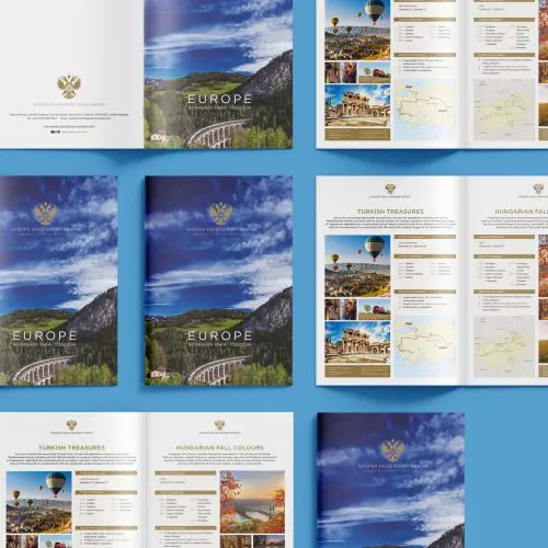 spreads from a brochure design on blue background for Golden Eagle Luxury trains