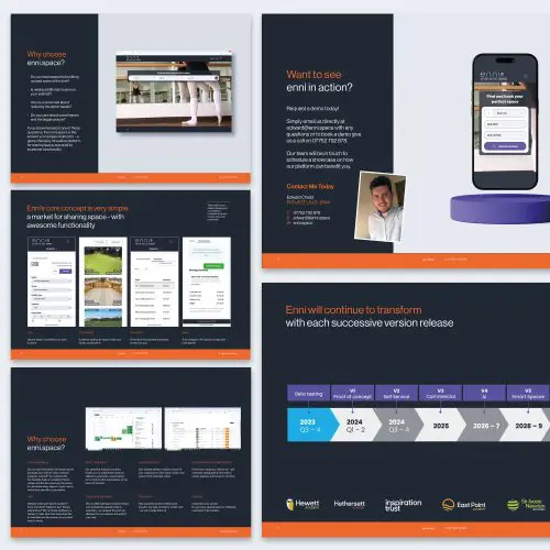 various brochure designs on blue with orange
