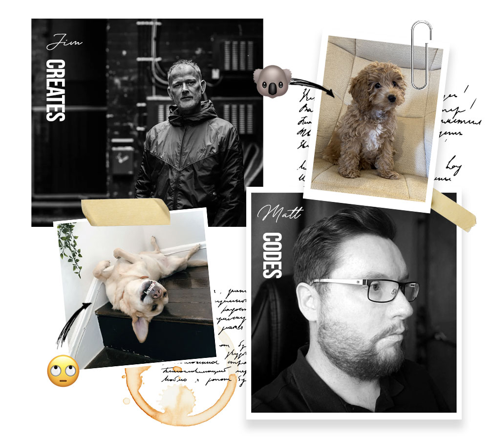 collage of Jim and Matt of designers up north and their dogs.