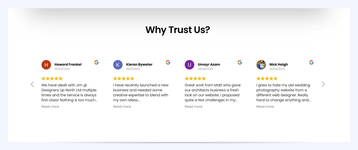 google reviews shown on homepage