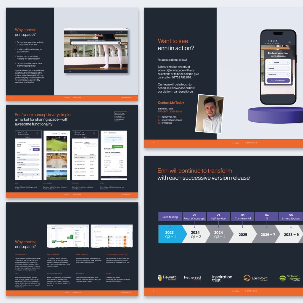 various brochure designs on blue with orange